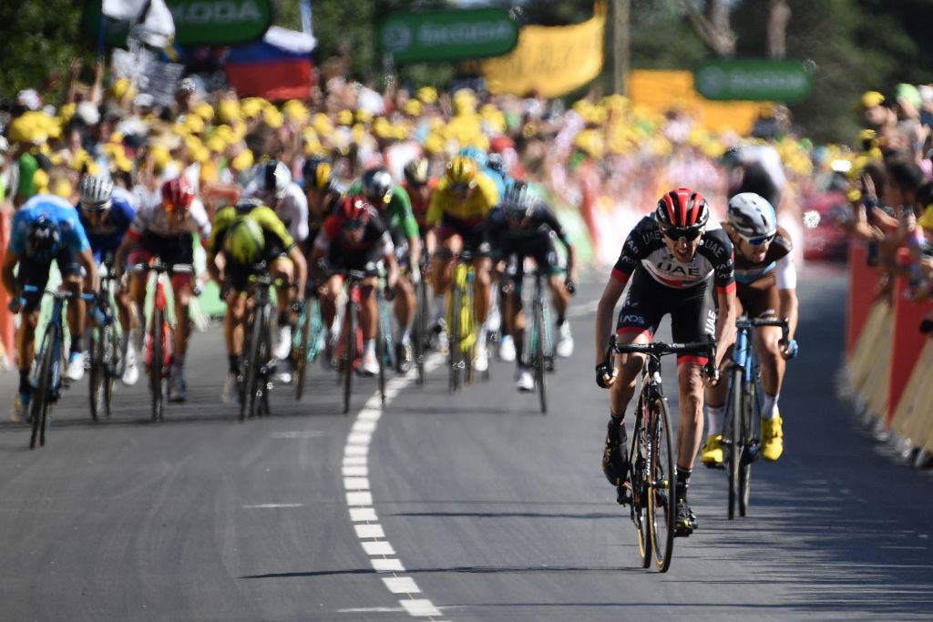 Irelands Daniel Martin 2ndR pedals in the last meters ahead of Frances PierreRoger Latour R on his way to win the sixth stage of the 105th edition of the Tour de France cycling race between Brest and MurdeBretagne Guerledan western France on July 12 2018 Photo by Jeff PACHOUD AFP ALTERNATIVE CROP Photo credit should read JEFF PACHOUDAFP via Getty Images