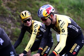 BILBAO SPAIN JUNE 29 LR Jonas Vingegaard of Denmark and Wout Van Aert of Belgium and Team JumboVisma during the Team JumboVisma training ahead of the 110th Tour de France 2023 UCIWT on June 29 2023 in Bilbao Spain Photo by Michael SteeleGetty Images