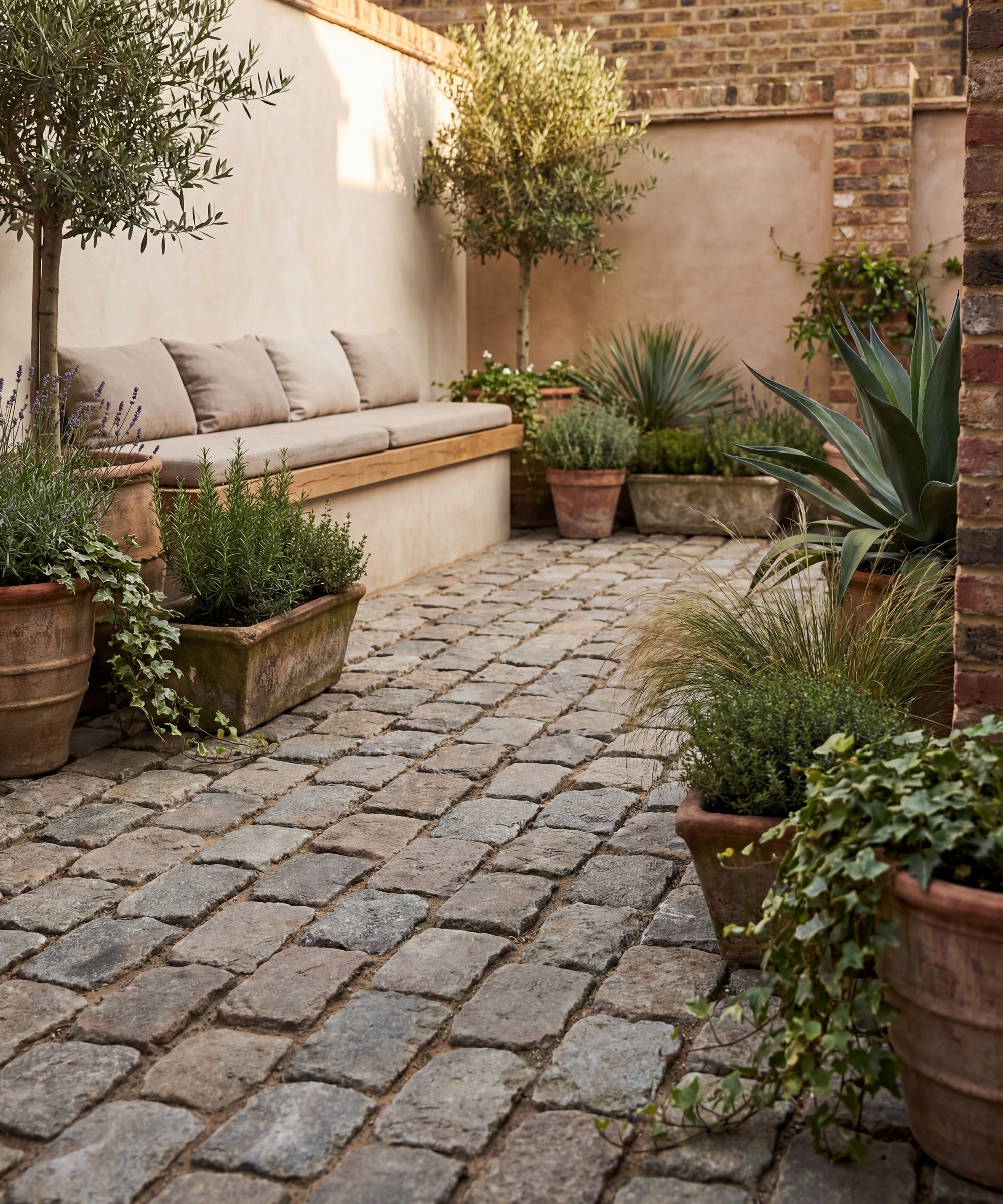 Patio with cobbled tiled floor, built-in seating and pot plants