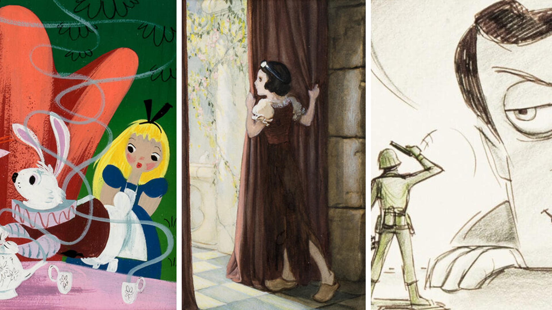 Disney concept art from Snow White, Alice in Wonderland and Toy Story