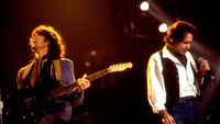 British musicians Jimmy Page and Paul Rodgers perform on stage during an ARMS (Action into Research for Multiple Sclerosis) Charity Concert, Dallas, Texas, November 27, 1983