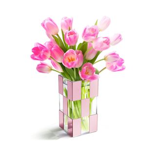 Acrylic vase with pink tulips in clear/pink check design