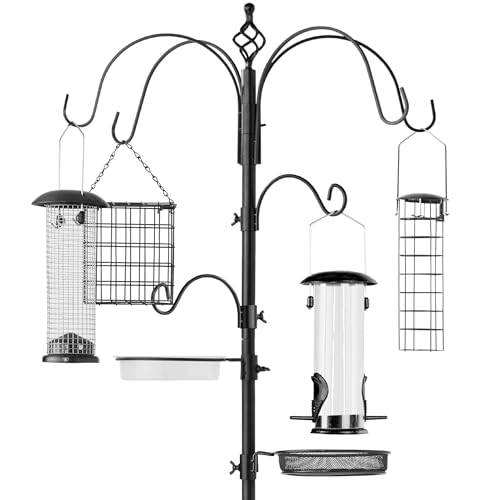 Best Choice Products 6-Hook Bird Feeding Station, Steel Multi-Feeder Kit Stand for Attracting Wild Birds W/ 4 Bird Feeders, Mesh Tray, Bird Bath, 5-Prong Base - Black