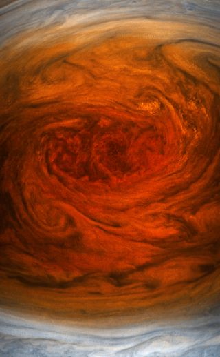 A processed image of Jupiter's Great Red Spot, created using images from NASA's JunoCam instrument. 