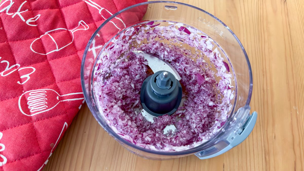 Finely chopped red onion in the Kenwood MultiPro Go food processor