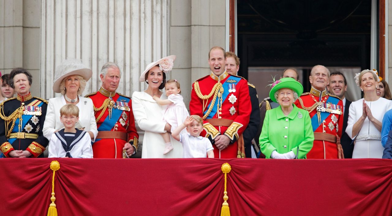 Zara Phillips, Princess Anne, The Princess Royal, Camilla, Duchess of Cornwall, Prince Charles, Prince of Wales, Catherine, Duchess of Cambridge, Princess Charlotte of Cambridge, Prince George of Cambridge, Prince William, Duke of Cambridge, Prince Harry, Queen Elizabeth II, Prince Philip, Duke of Edinburgh, Peter Phillips, Sophie, Countess of Wessex, James, Viscount Severn, Lady Louise Windsor, and Prince Andrew, Duke of York watch the flypast from the balcony of Buckingham Palace during Trooping the Colour, this year marking the Queen&#039;s 90th birthday on June 11, 2016 in London, England. 