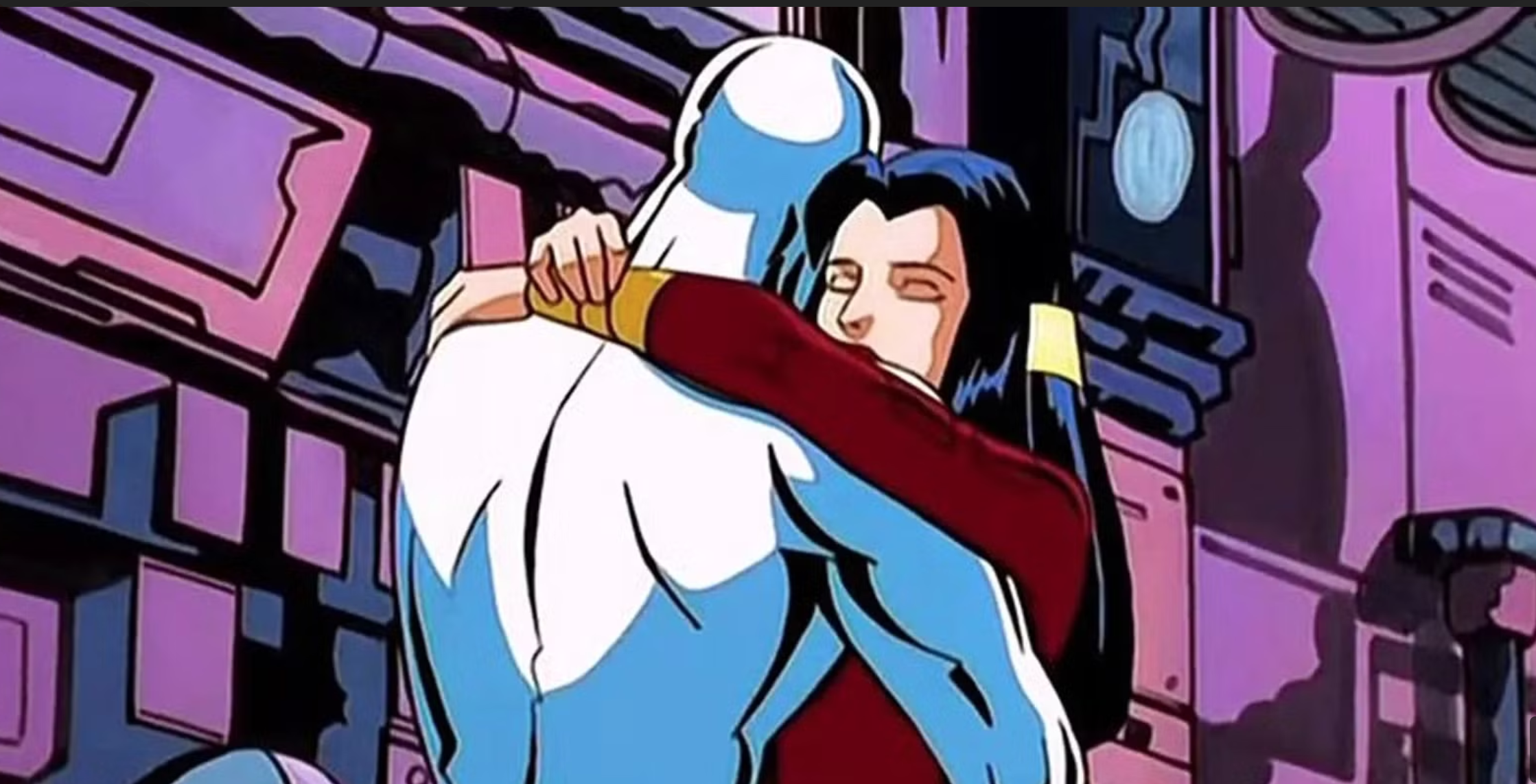 a comic book woman embraces a silver-skinned alien superhero