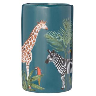 green soap dispenser and tumbler with giraffe zebra and parrot prints