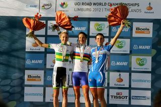 2012 women's road Worlds podium (L-R): Rachel Neylan (Australia), Marianne Vos (Netherlands) and Elisa Longo Borghini (Italy)