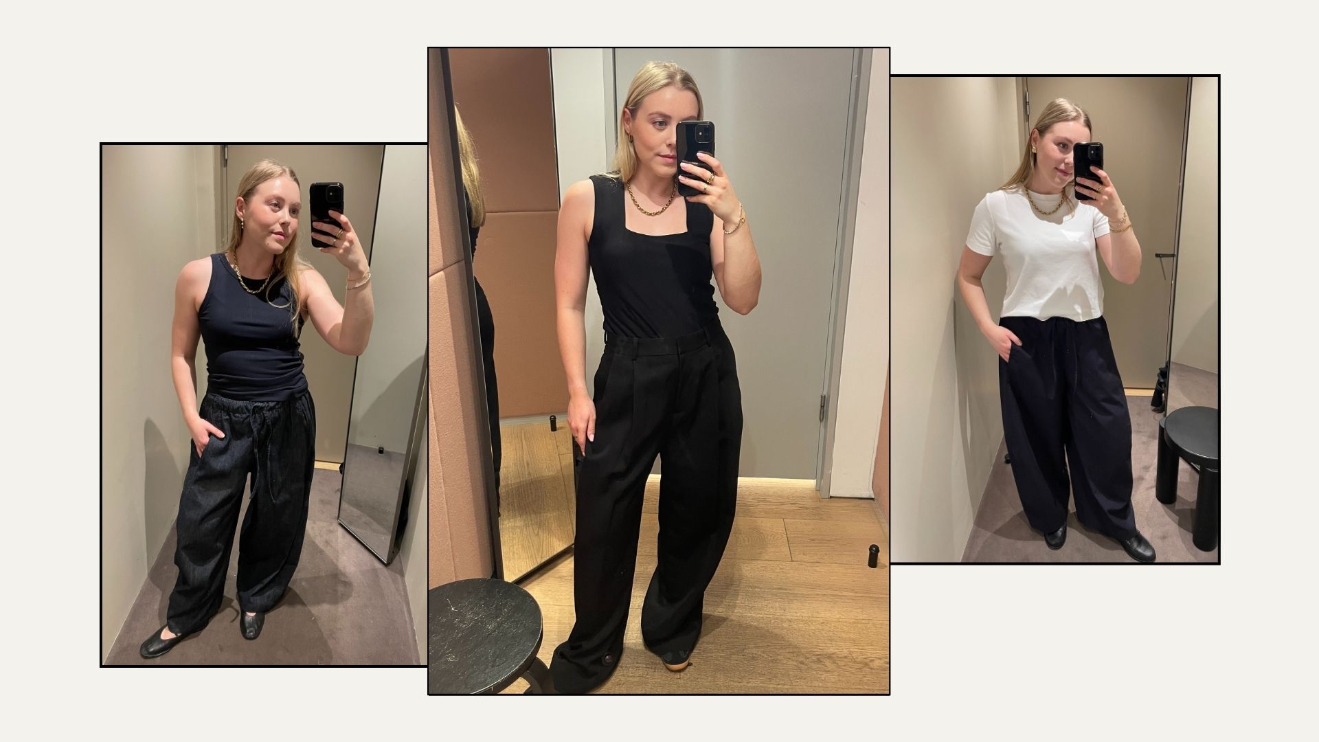 Woman wears denim trousers; woman wears black tailored trousers; woman wears barrel-leg trousers