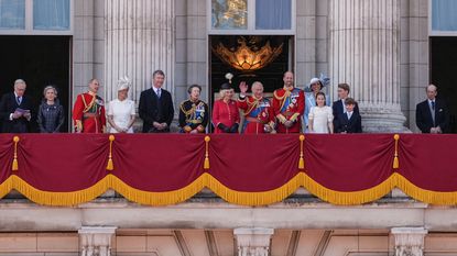 The Royal Family watch the flypast on the balcony of Buckingham Palace after attending the King's Birthday Parade "Trooping the Colour" in London on June 13, 2026
