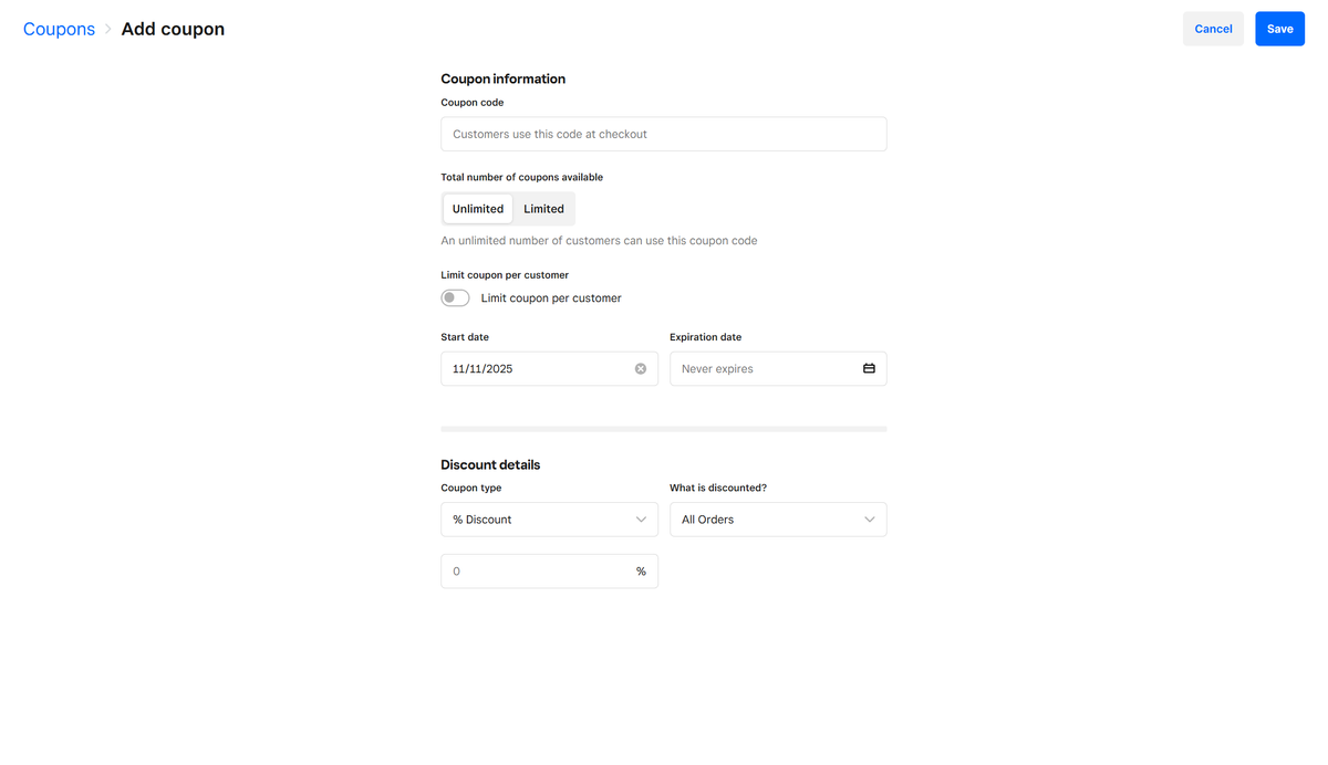 Screenshot of Weebly discount code creation tool.
