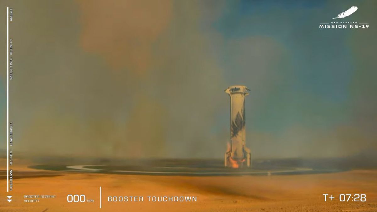Blue Origin's New Shepard rocket and crew capsule launch the NS-19 space tourism flight with Good Morning America co-anchor Michael Strahan, Laura Shepard Churchley, Dylan Taylor, Evan Dick and Lane and Cameron Bess on board on Dec. 11, 2021 near Van Horn, Texas.