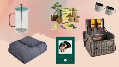 Comp image of some of the best gifts for couples to buy in 2023, including custom prints, a weighted blanket, cocktail set and hamper