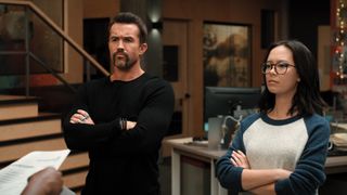 Rob McElhenney and Charlotte Nicdao in Mythic Quest Season 2 Please Sign Here