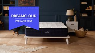 The DreamCloud Luxury Hybrid in a stylish dark blue bedroom with a pros and cons label overlaid on the imagemattress placed on a wooden bed frame in a 