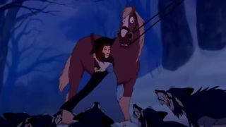 Belle fighting against wolves in Beauty and the Beast.