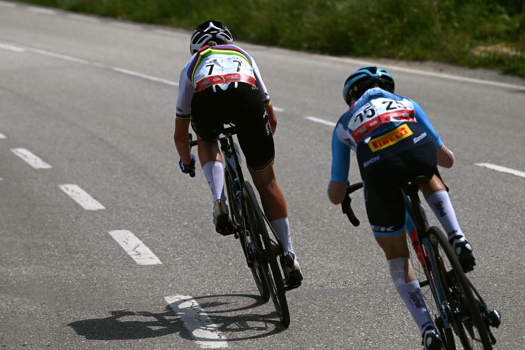 LAREDO SPAIN MAY 06 Detailed view of Gaia Realini of Italy and Team TrekSegafredo and Annemiek Van Vleuten of The Netherlands and Movistar Team compete in the breakaway during the 9th La Vuelta Femenina 2023 Stage 6 a 1061km stage from Castro Urdiales to Laredo UCIWWT on May 06 2023 in Laredo Spain Photo by Dario BelingheriGetty Images