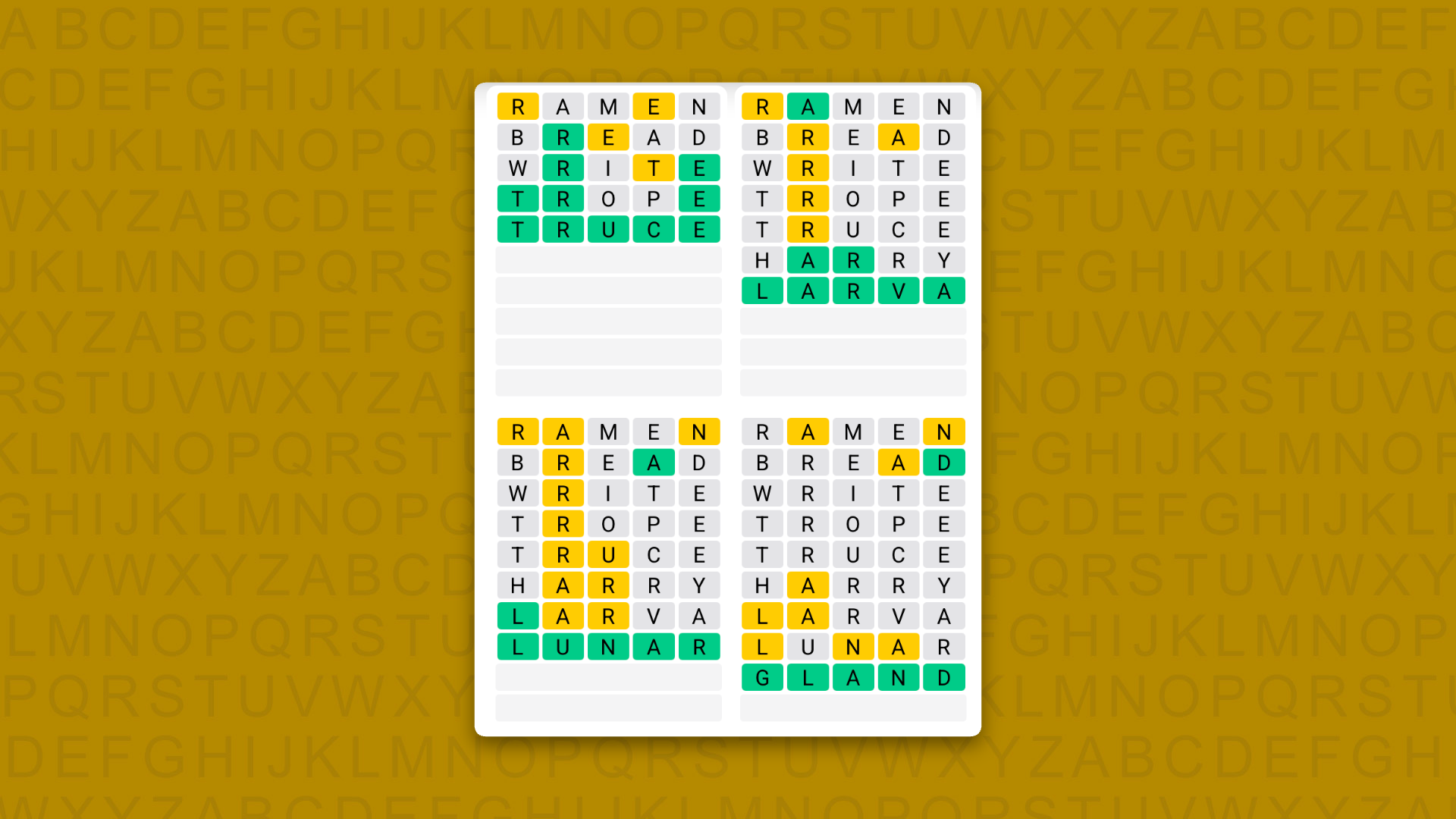 Quordle Daily Sequence answers for game 1709 on a yellow background
