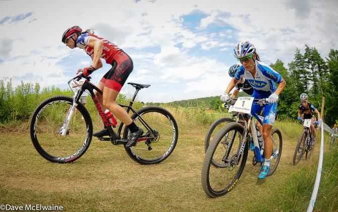 Lea Davison (Specialized) leading Katerina Nash (Luna) on lap one