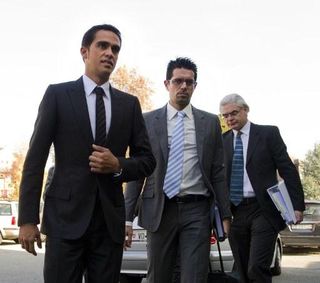 Alberto Contador arrives at his CAS hearing with brother Fran and attorneys Adam Lewis and Mike Morgan