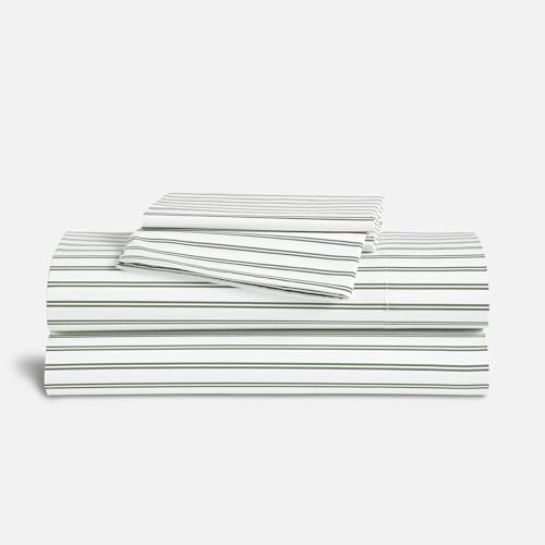 Brooklinen Luxury Sateen 4 Piece Sheet Set - 100% Cotton Bed Sheets, Soft &amp;amp; Durable Twin Sheet Set in Green Tandem Stripe, Oeko-Tex Certified Bedding Set, 1 Fitted Sheet, 1 Flat Sheet, 2 Pillowcases