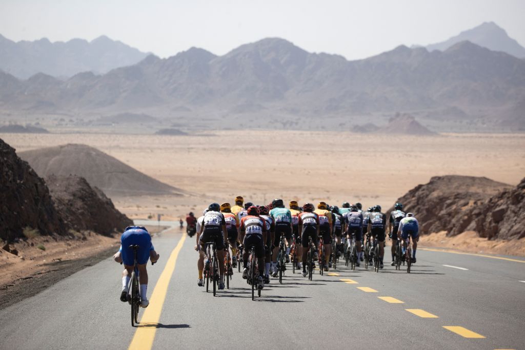 The peloton rides in Saudi Arabias northwestern city of al&#039;Ula in the 2022 Saudi Tour