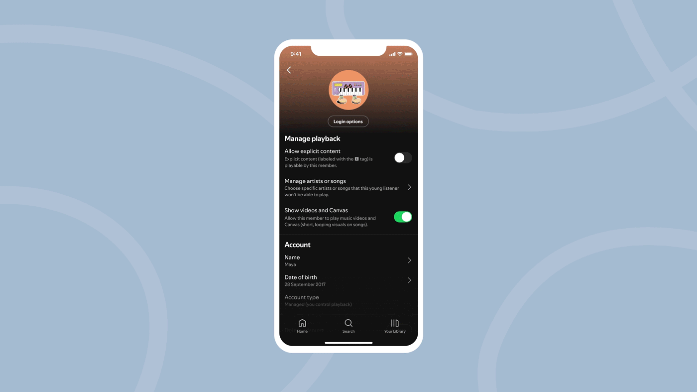 A gif showing how to use parental controls for managed accounts in the Spotify Premium Family plan