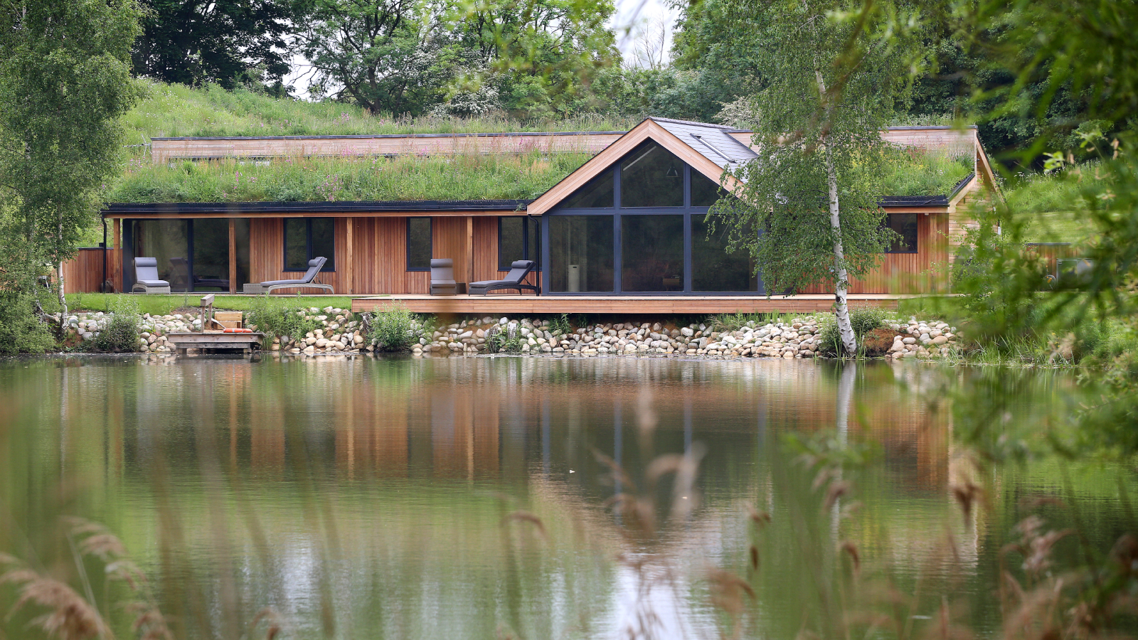 single storey timber frame house with timber cladding, green roof and pitched gable end