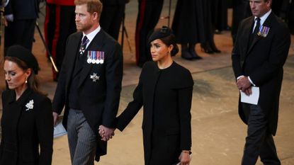 Catherine, Princess of Wales, Prince Harry, Duke of Sussex and Meghan, Duchess of Sussex and Peter Phillips arrive in the Palace of Westminster after the procession for the Lying-in State of Queen Elizabeth II on September 14, 2022 in London, England. Queen Elizabeth II's coffin is taken in procession on a Gun Carriage of The King's Troop Royal Horse Artillery from Buckingham Palace to Westminster Hall where she will lay in state until the early morning of her funeral. Queen Elizabeth II died at Balmoral Castle in Scotland on September 8, 2022, and is succeeded by her eldest son, King Charles III.