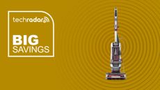 The Shark Stratos Upright Vacuum Cleaner on a yellow background next to text saying Big savings. 