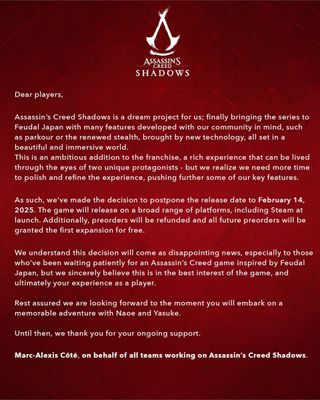 Assassin's Creed Shadows delay message