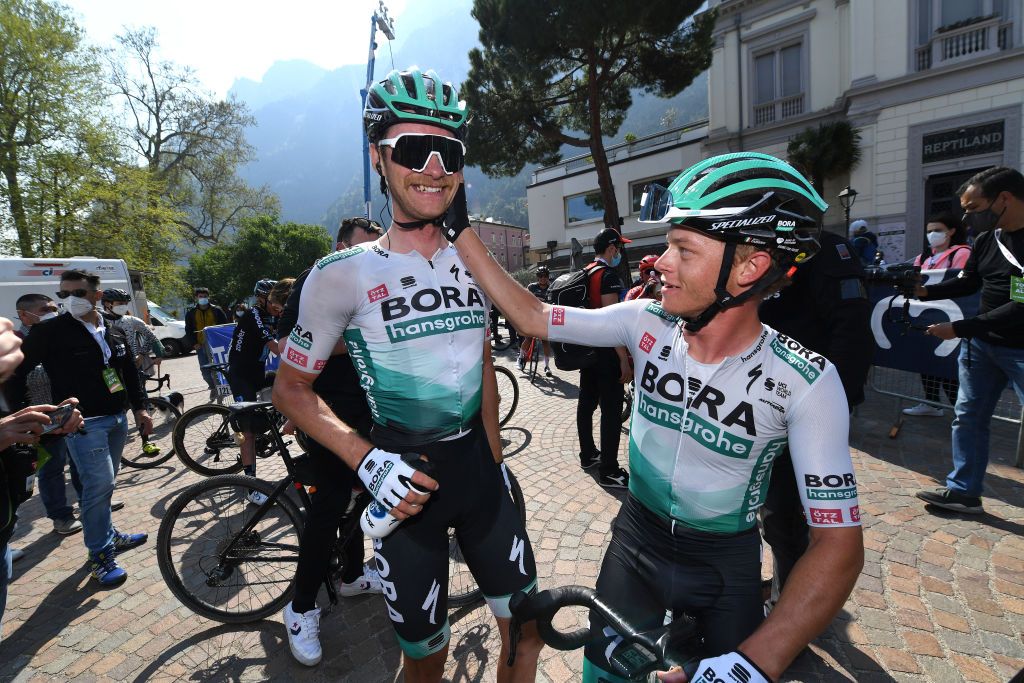 RIVA DEL GARDA ITALY APRIL 23 Felix Groschartner of Austria Matteo Fabbro of Italy and Team Bora Hansgrohe celebrate at arrival during the 44th Tour of the Alps 2021 Stage 5 a 1209km stage from Valle del Chiese Idroland to Riva del Garda TourofTheAlps TouroftheAlps on April 23 2021 in Riva del Garda Italy Photo by Tim de WaeleGetty Images
