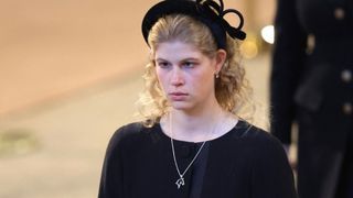 Britain's Lady Louise Windsor leaves having held a vigil at the coffin of Queen Elizabeth II, lying in state on the catafalque in Westminster Hall, at the Palace of Westminster in London on September 17, 2022, ahead of her funeral on Monday. - Queen Elizabeth II will lie in state in Westminster Hall inside the Palace of Westminster, until 0530 GMT on September 19, a few hours before her funeral, with huge queues expected to file past her coffin to pay their respects.