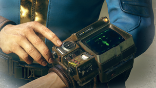 A vault dweller operating a Pip Boy in the Fallout tabletop RPG.