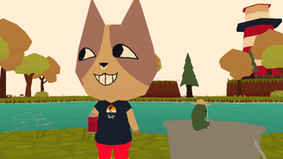 A cat sips a cool, refreshing bev in front of a lake in Webfishing.