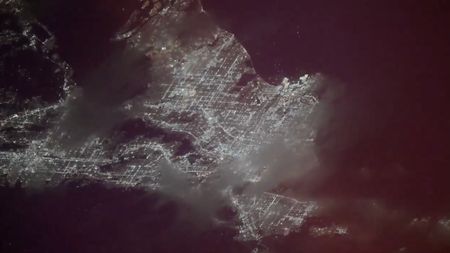 Screenshot from a video captured from the International Space Station showing hundreds of fireworks displays in the Los Angeles area on July 4, 2026.