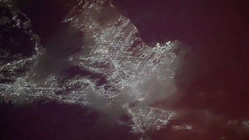 Screenshot from a video captured from the International Space Station showing hundreds of fireworks displays in the Los Angeles area on July 4, 2026.