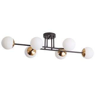 Black ceiling light qith six round white orbs and gold features