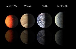 This illustrated graphic shows the two newfound Kepler-20 planets shown to scale with Earth and Venus.