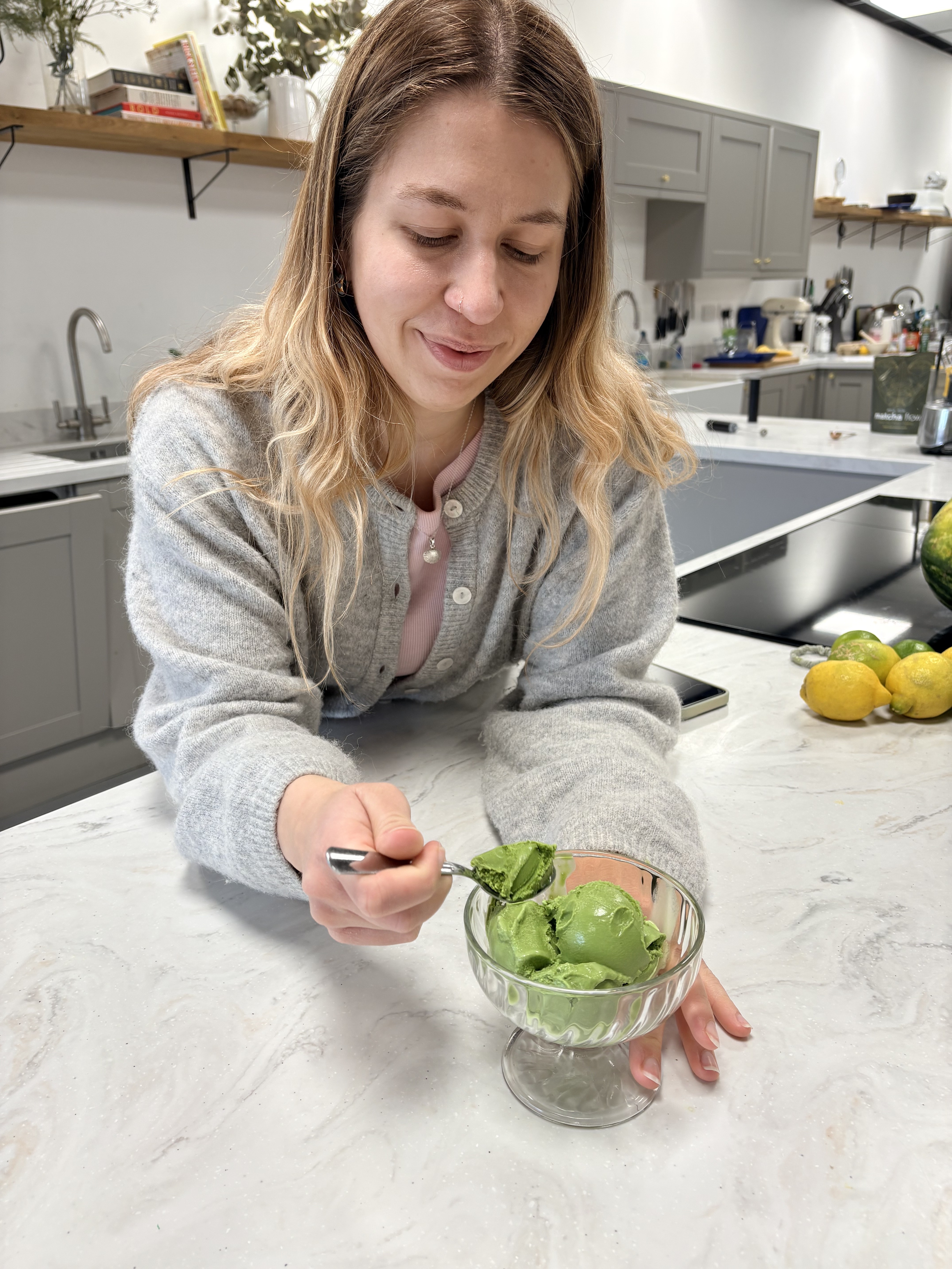Woman trying matcha green tea ice cream