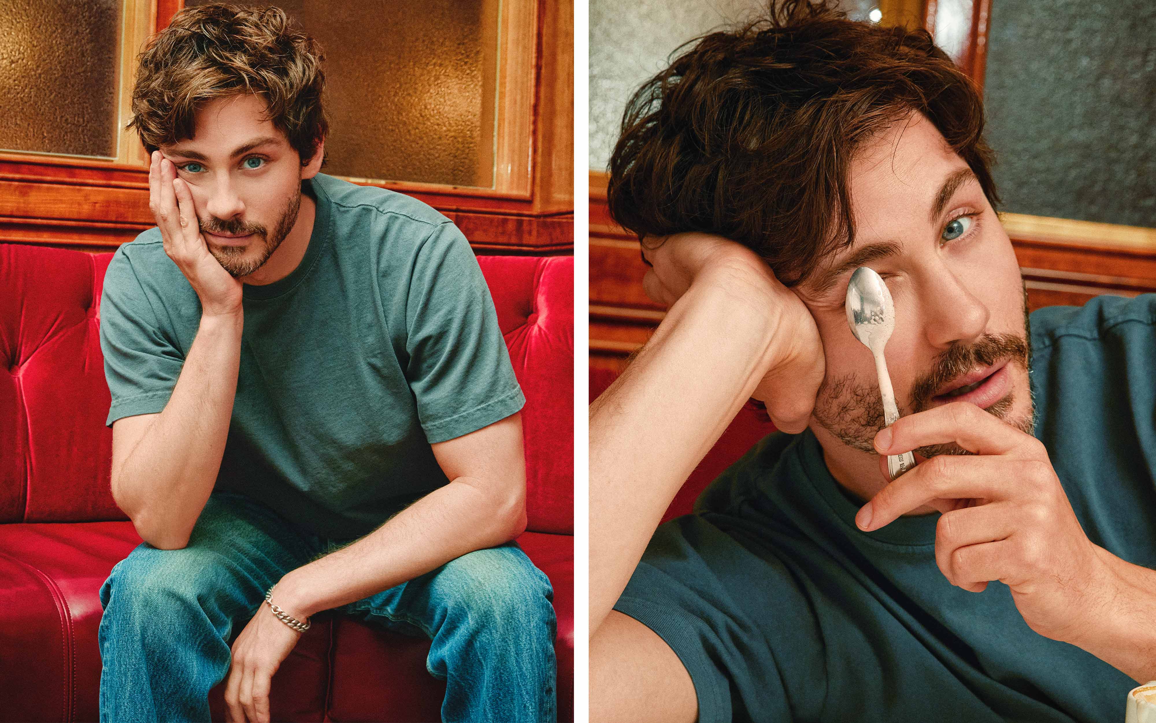 a split image of actor logan lerman sitting in a booth and holding his face and holding a little spoon over his eye