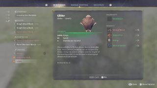 Enshrouded glider recipe that lists the materials required to craft it
