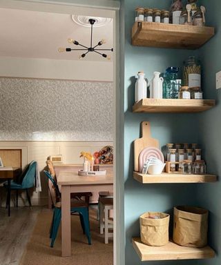 kitchen with wooden chunky floating shelves