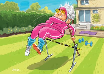 Ageing population illustration &ndash; old lady using walking stick as a pole vault