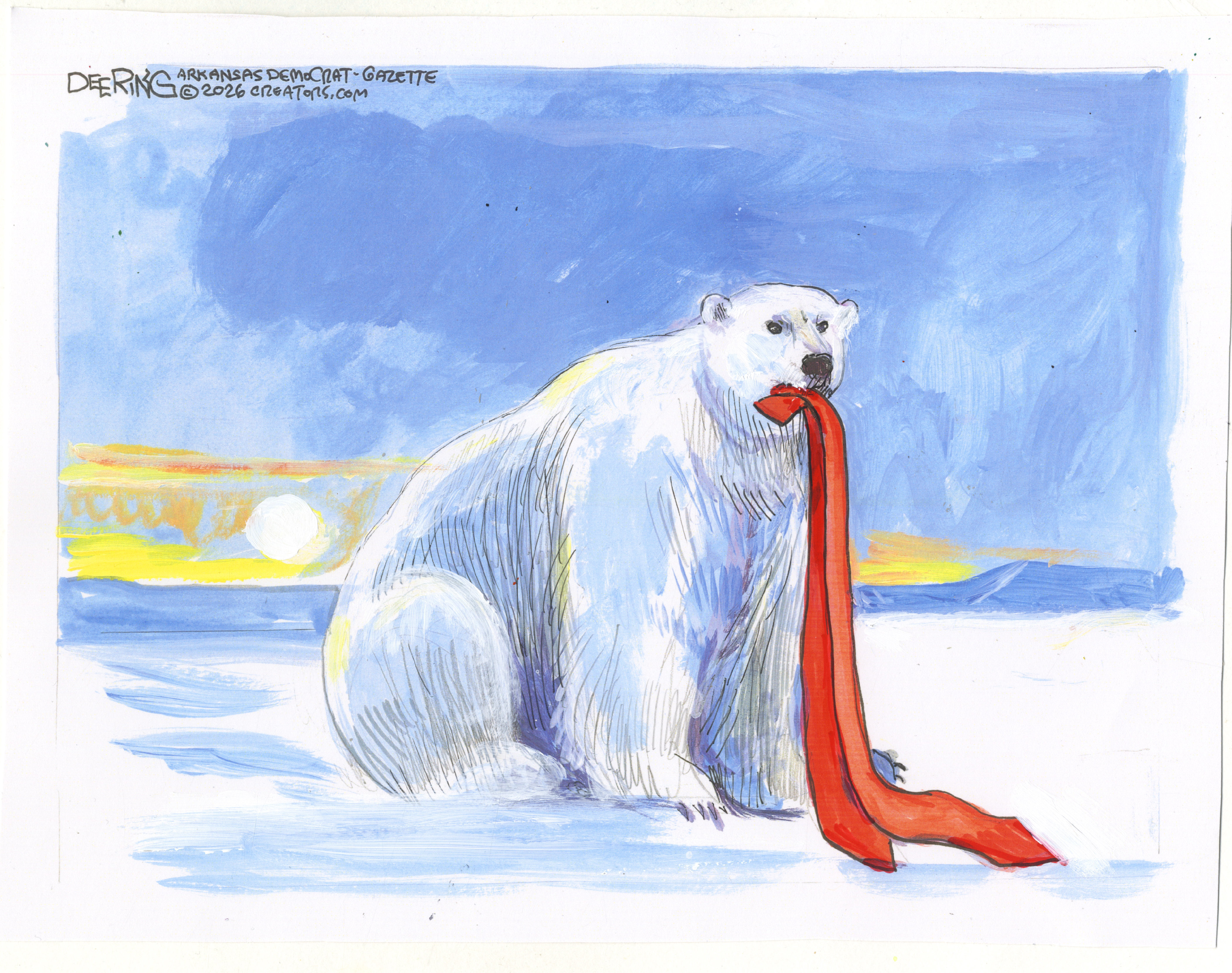 This cartoon depicts an angry-looking polar bear in a snowy, icy landscape. A long, red tie like the kind worn by Donald Trump hangs from its mouth.