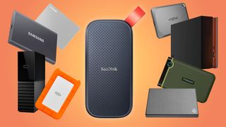 Multiple of the best external hard drives on an orange background