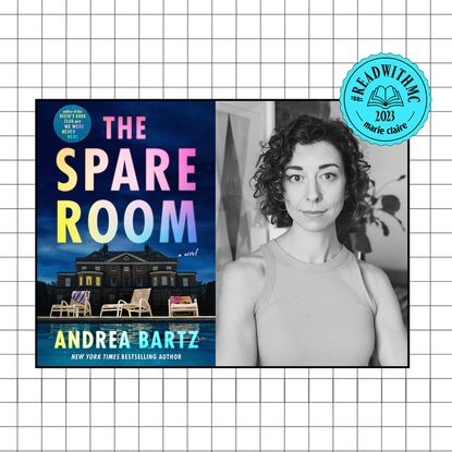 The spare room book cover split image with Andrea Bartz headshot overlaid on black and white grid with ReadWithMC stamp 