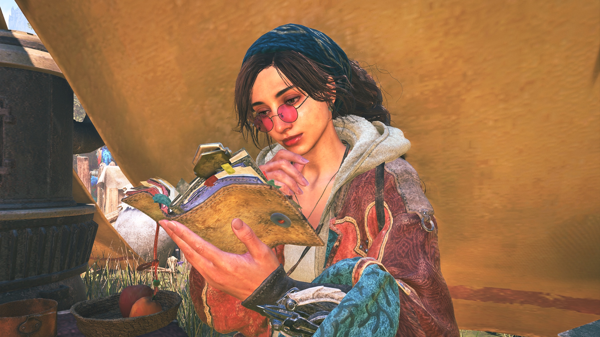Monster Hunter Wilds screenshot of Alma reading