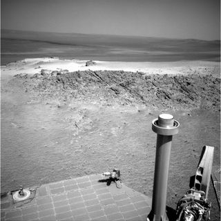NASA's Mars Exploration Rover Opportunity used its navigation camera to capture this view of a northward-facing outcrop, "Greeley Haven," where the rover will work during its fifth Martian winter. This image, taken by Opportunity on Nov. 29, 2011, was released Jan. 5, 2012.